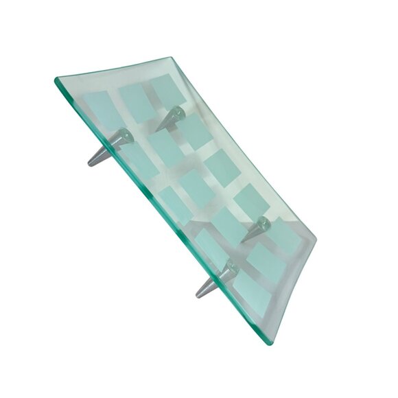 MCM Tray Frosted Glass Atomic Era Grid Pattern Metal Peg Legs VTG 60s Decorative - Picture 6 of 14